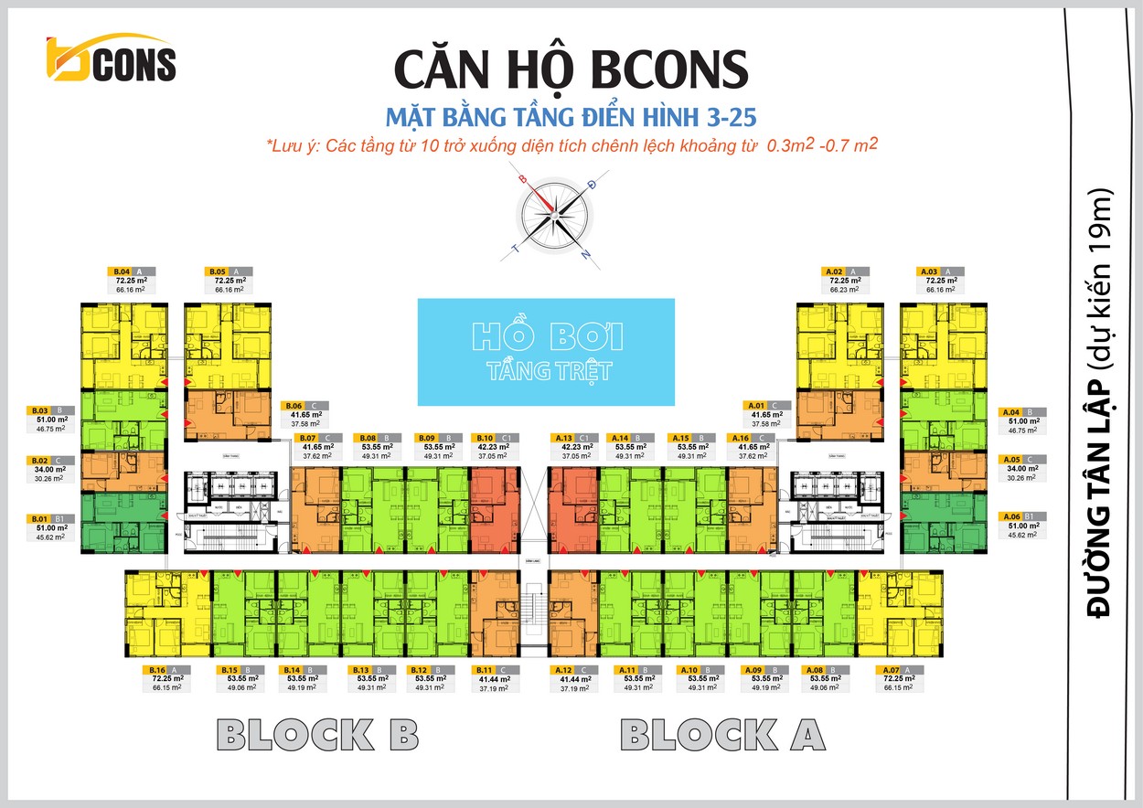 Mặt bằng tầng 3 - 25 dự án căn hộ chung cư Bcons Miền Đông