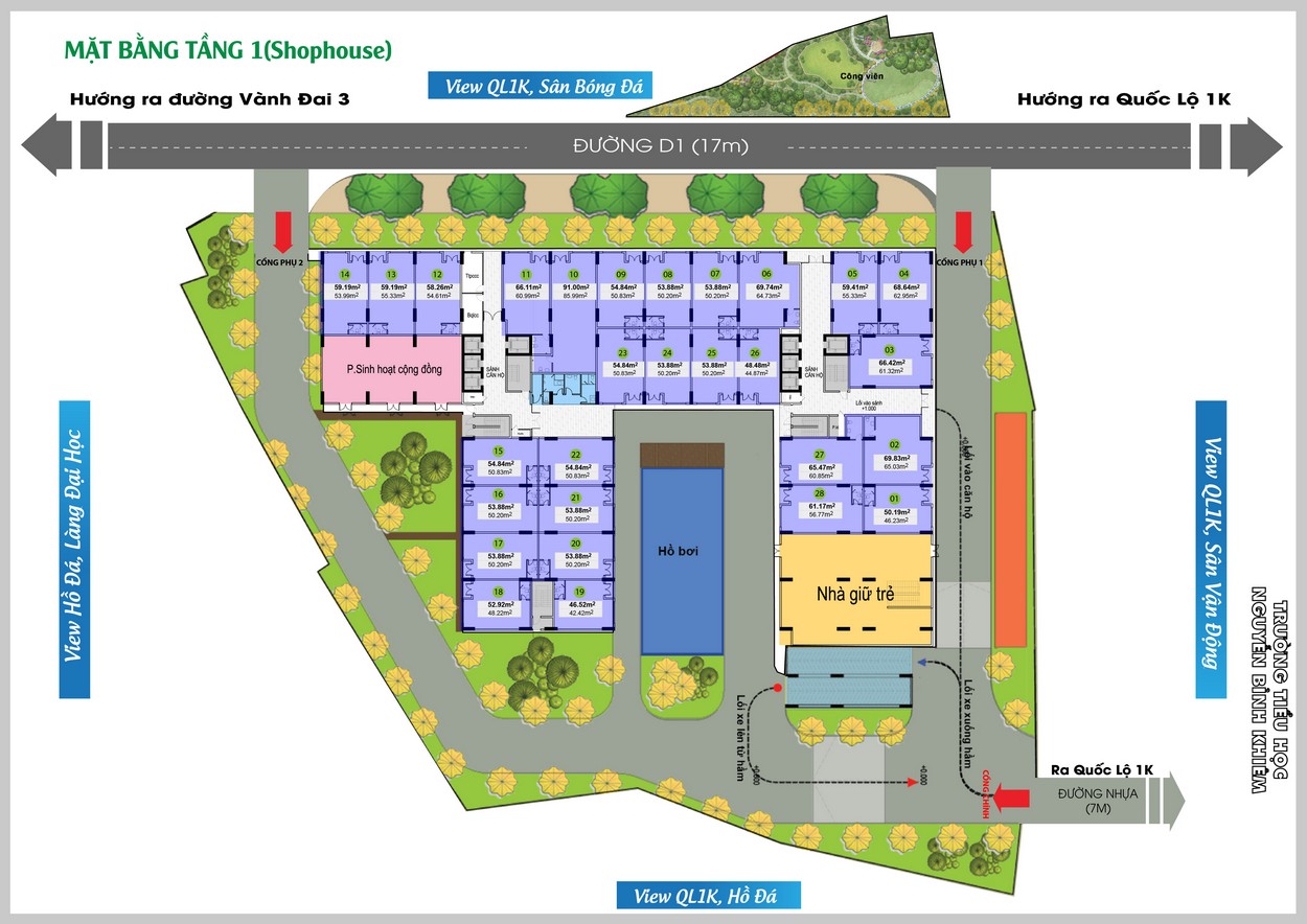 Mặt bằng chi tiết tầng 1 dự án Bcons Green View Bình Dương