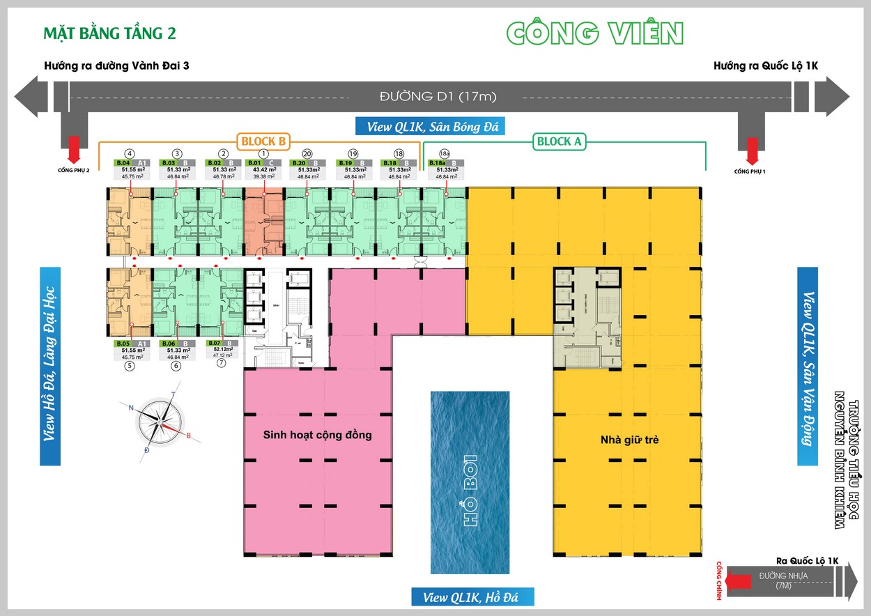 Mặt bằng chi tiết tầng 2 dự án Bcons Green View Bình Dương