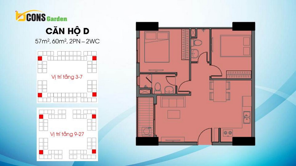 Thiết kế căn hộ D (2 PN - 2 WC) Bcons Garden Dĩ An