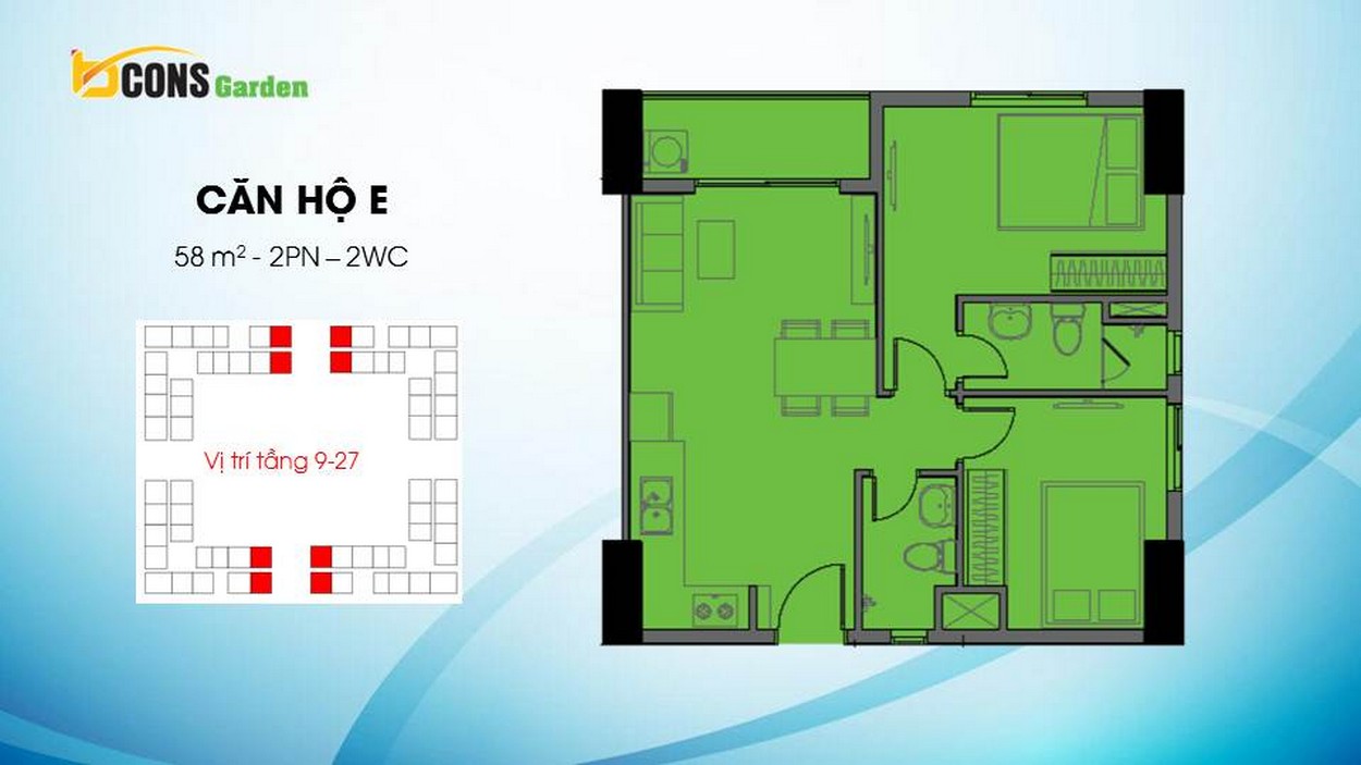 Thiết kế căn hộ E (2 PN - 2 WC) Bcons Garden Dĩ An