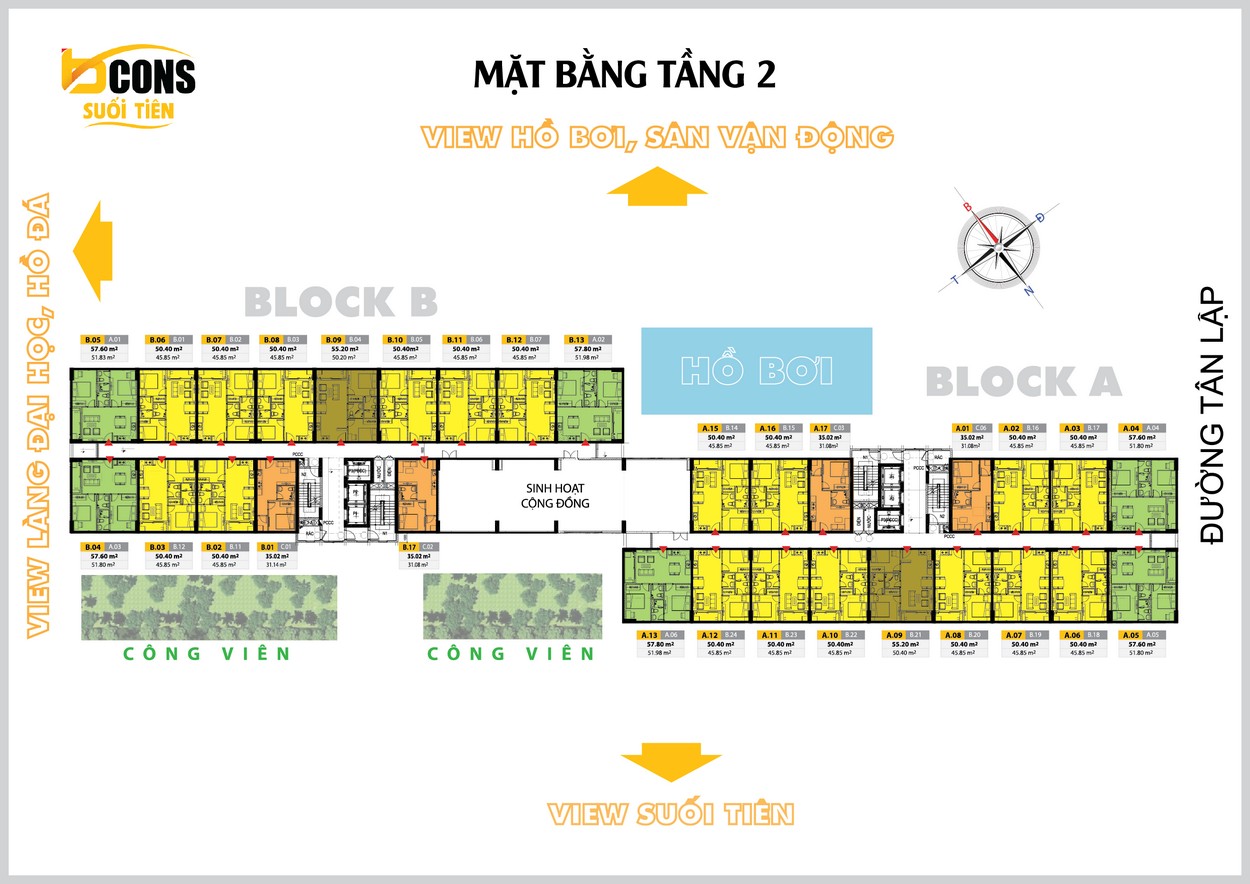 Mặt bằng tầng 2 dự án Bcons Suối Tiên Bình Dương