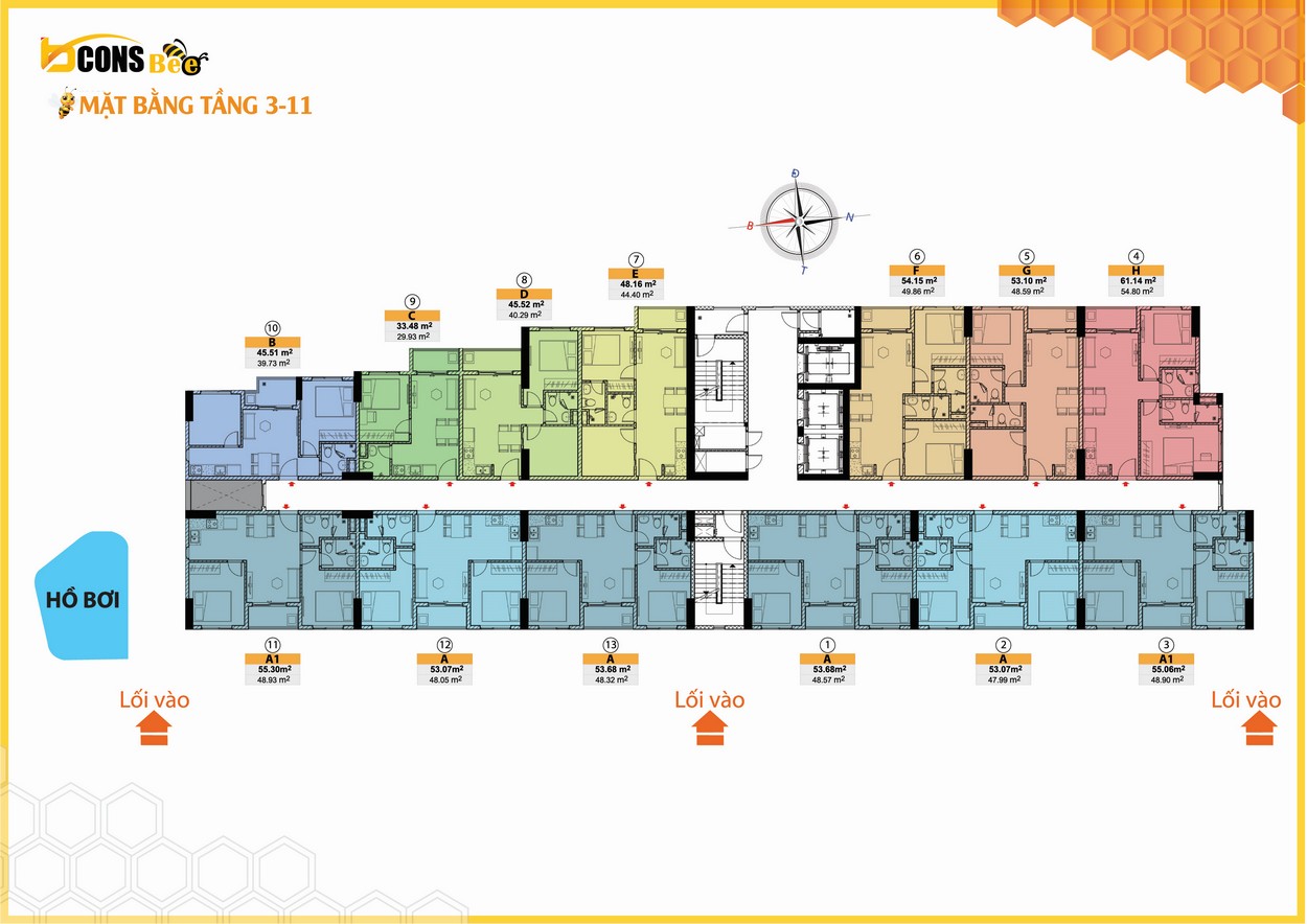Mặt bằng tầng 3-11 dự án căn hộ Bcons Bee Dĩ An