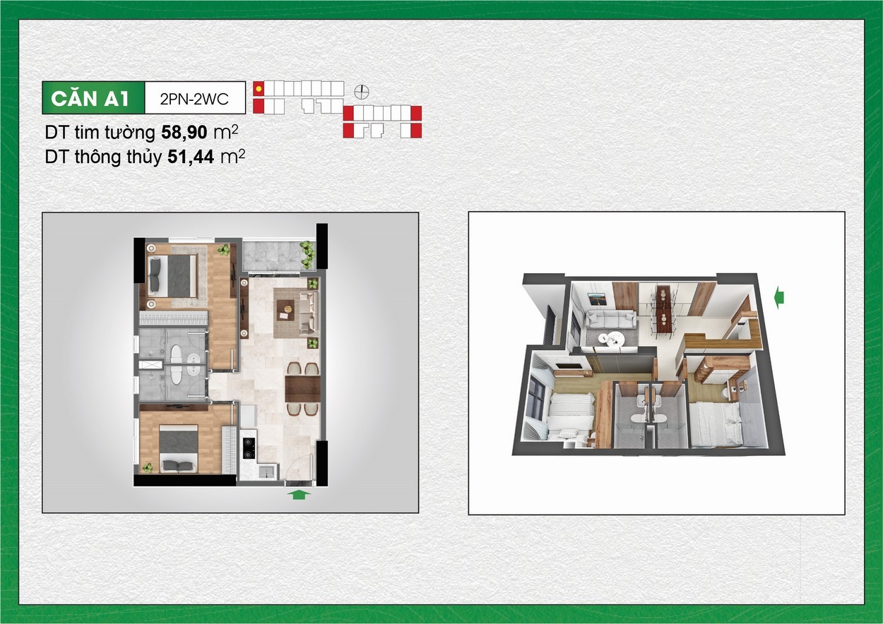 Thiết kế căn hộ Bcons Polygon 2 phòng ngủ