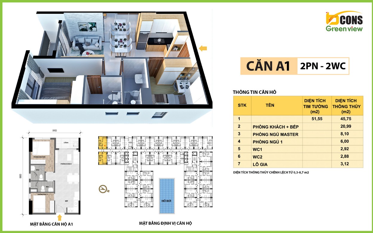 Thiết kế căn A1 Bcons Green View Bình Dương