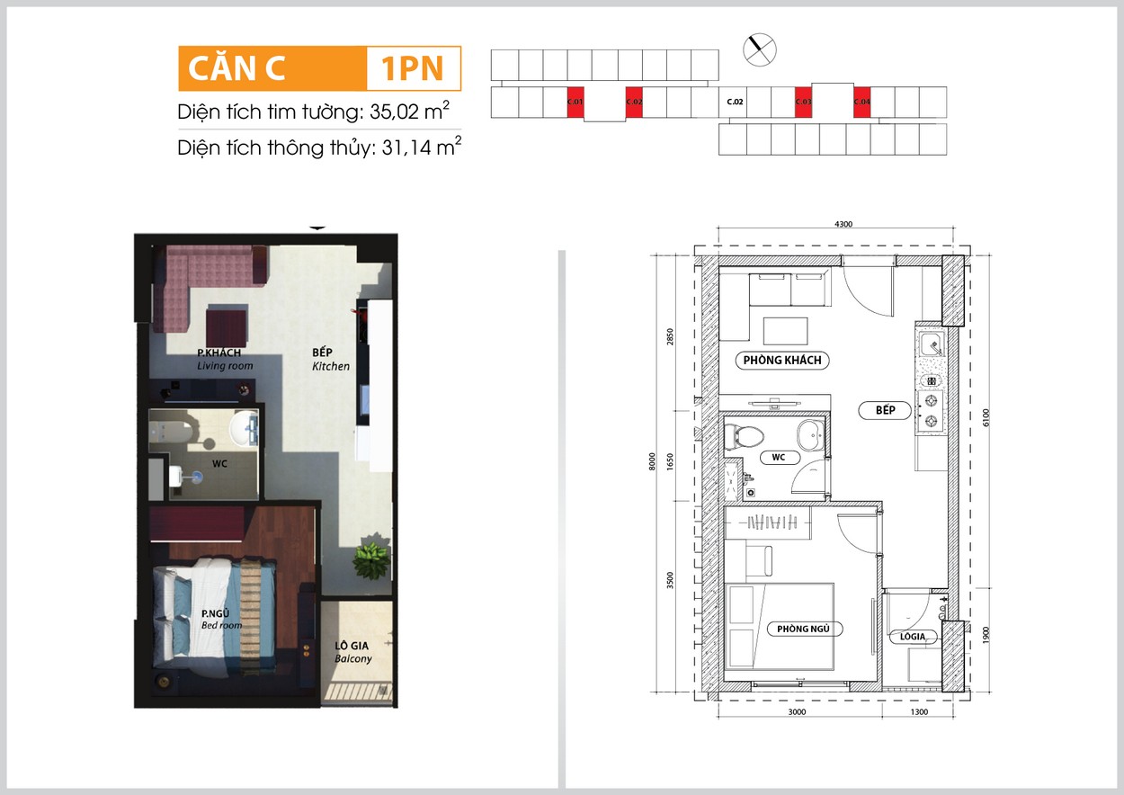 Thiết kế căn hộ loại C 1PN Bcons Suối Tiên